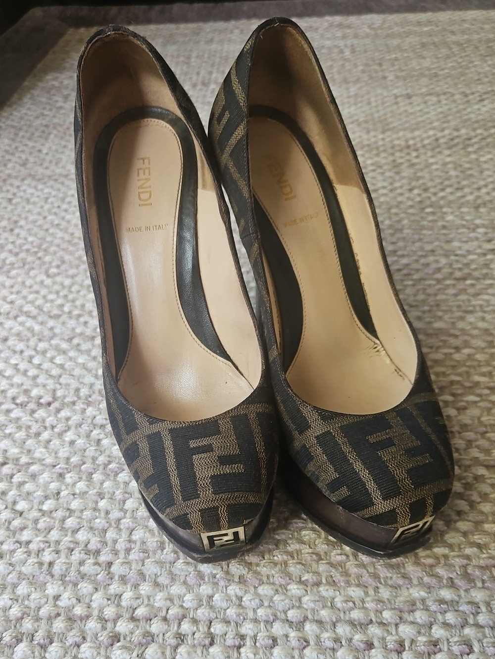 Fendi Tabacco Brown Zucca Canvas Fendista Platform Pumps